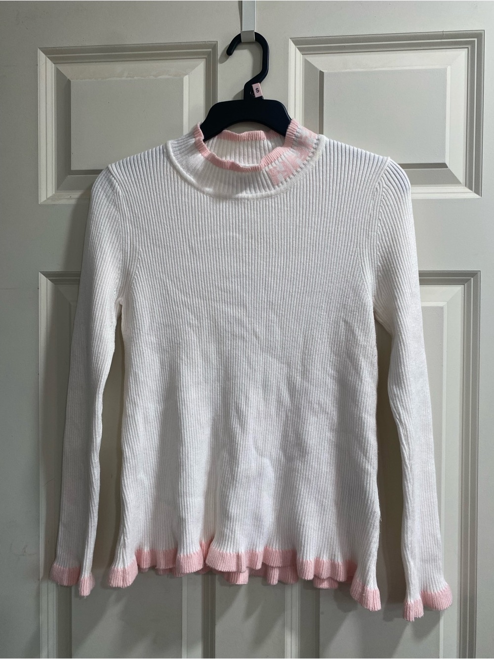 Fendi White Ribbed Sweater with Pink Ruffle Trim